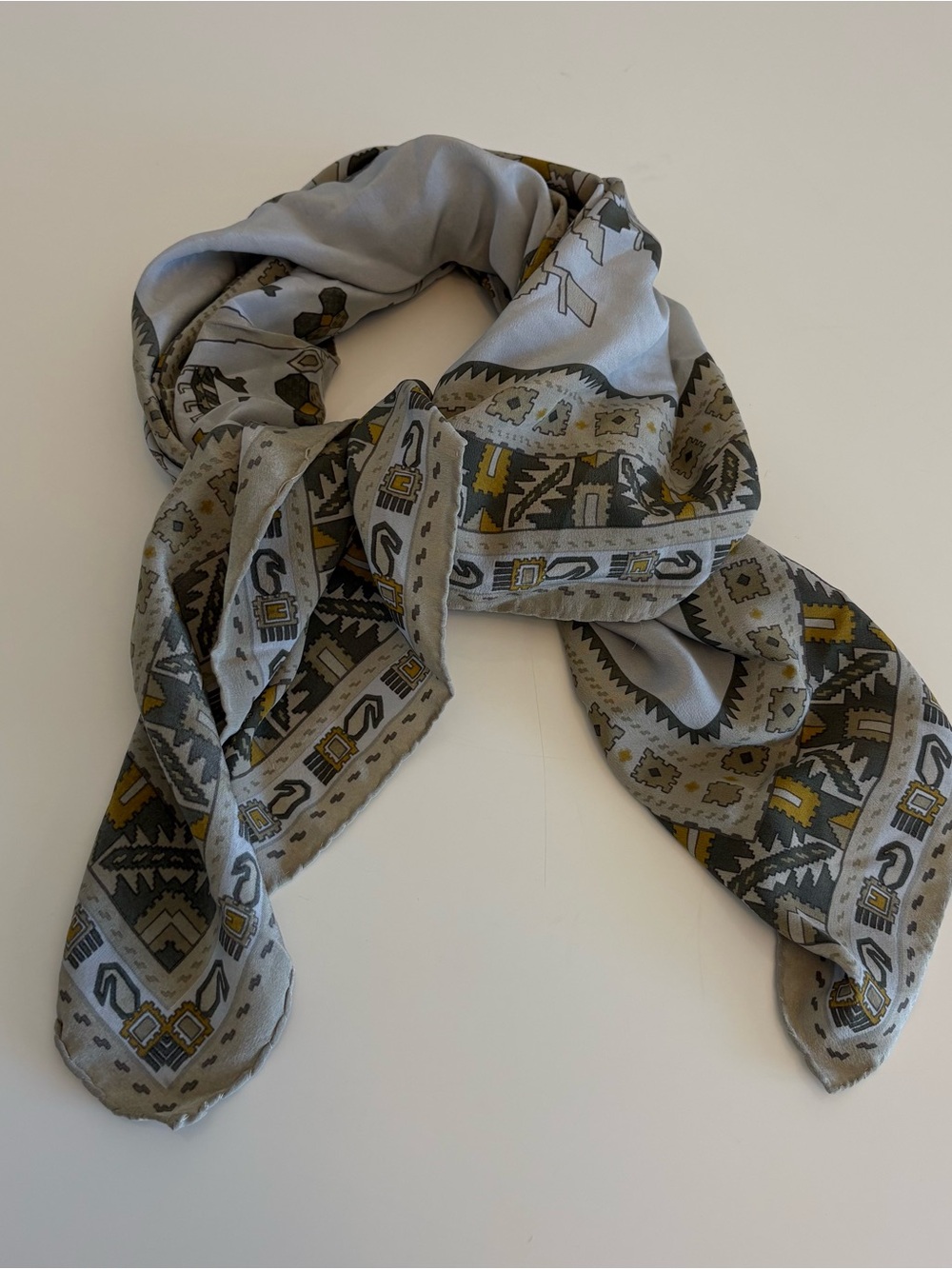 Geometric Print Silk Scarf in Grey and Mustard
